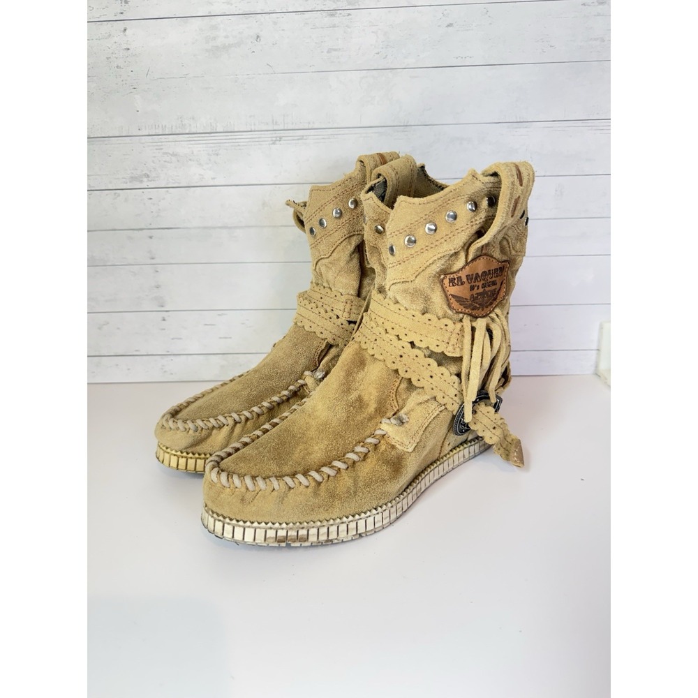 El Vaquero Womens Boots EU 37 US 7 Tan Suede Moccasin Studded Boho Italy